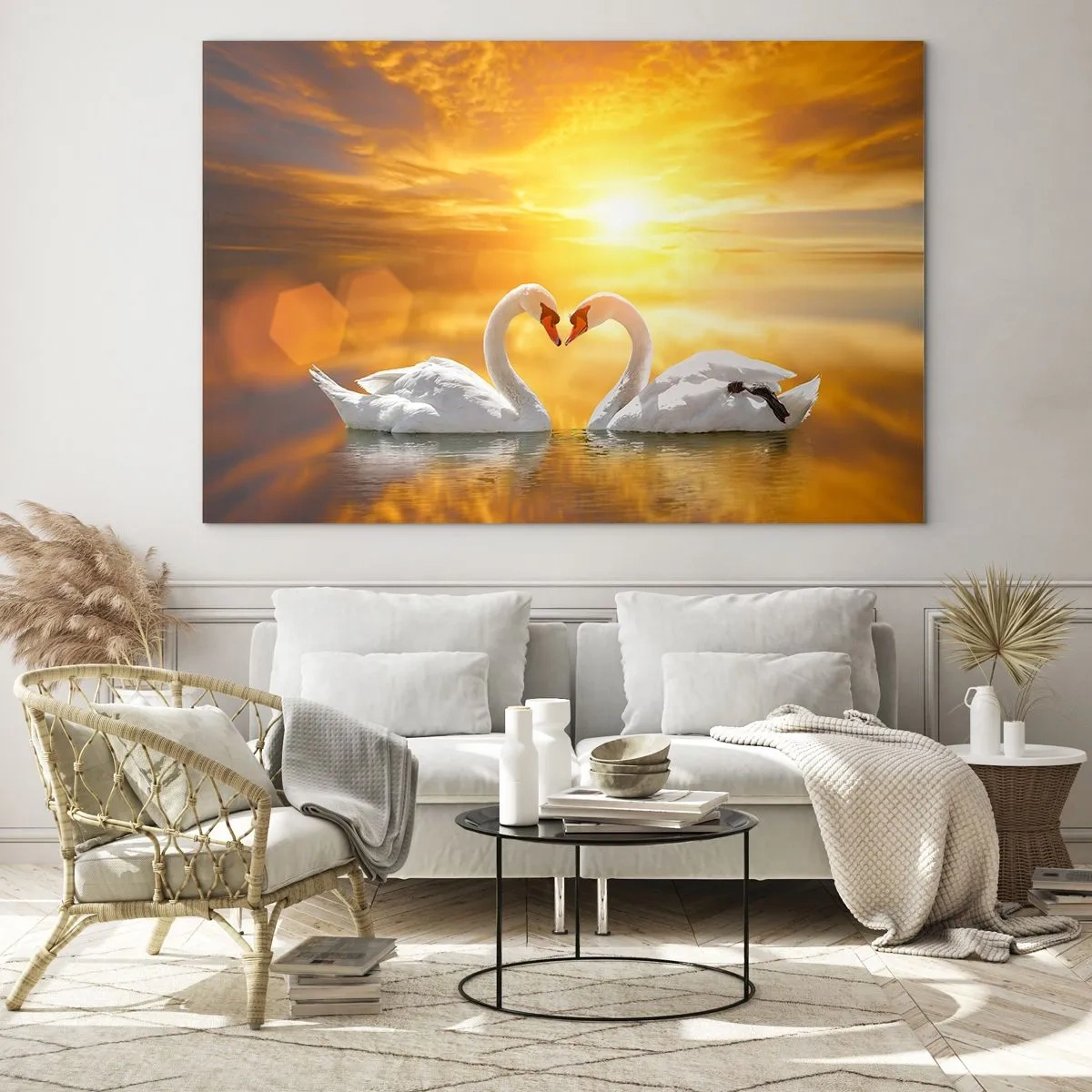 Cuadro sobre vidrio - Impresiones sobre Vidrio - Dos cisnes en el agua formando un corazón con el telón de fondo de una puesta de sol. - 100x70cm - Corazón es la palabra más bella del mundo... - Decoración de pared moderna para salón y dormitorio ARTTOR