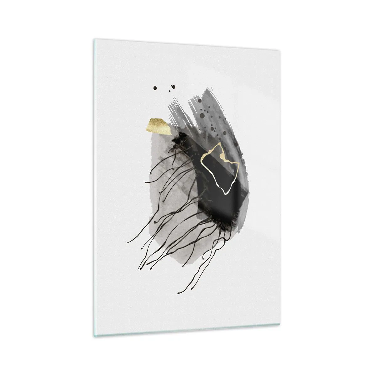 Cuadro sobre vidrio - Impresiones sobre Vidrio - Composición abstracta de negro y dorado sobre un fondo blanco. - 50x70cm - En negro y dorado - Decoración de pared moderna para salón y dormitorio ARTTOR