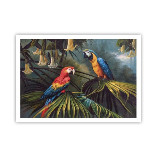 Póster - Loros en un bosque tropical con flores exóticas al fondo. - 100x70cm - Romanticismo en los trópicos - Decoración de pared moderna para salón y dormitorio ARTTOR