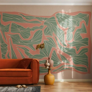 Fotomural Premium Sand - Hojas verdes sobre un fondo coral y beige. - 100x70cm - Lucha entre el coral y el verde - Decoración de pared moderna para salón y dormitorio ARTTOR