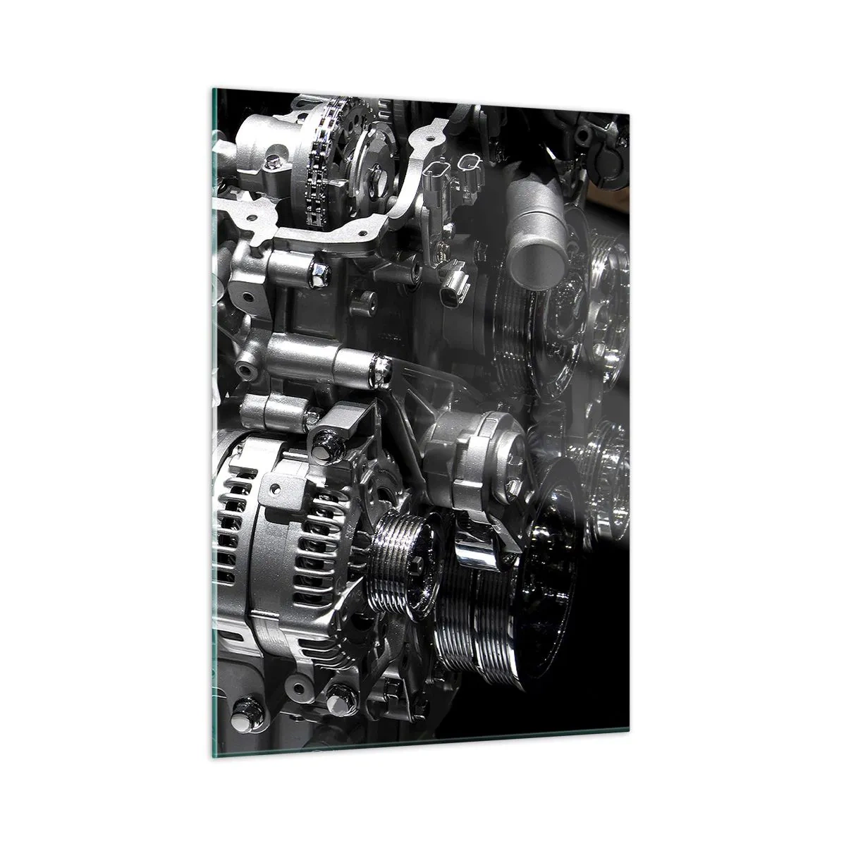 Cuadro sobre vidrio - Impresiones sobre Vidrio - Detalles de un motor de metal sobre un fondo negro. - 50x70cm - Acero, hermoso, fuerte - Decoración de pared moderna para salón y dormitorio ARTTOR