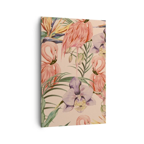 Cuadro sobre lienzo - Impresión de Imagen - Flamencos y flores tropicales sobre un fondo claro. - 80x120cm - Un ballet rosa en flores - Decoración de pared moderna para salón y dormitorio ARTTOR