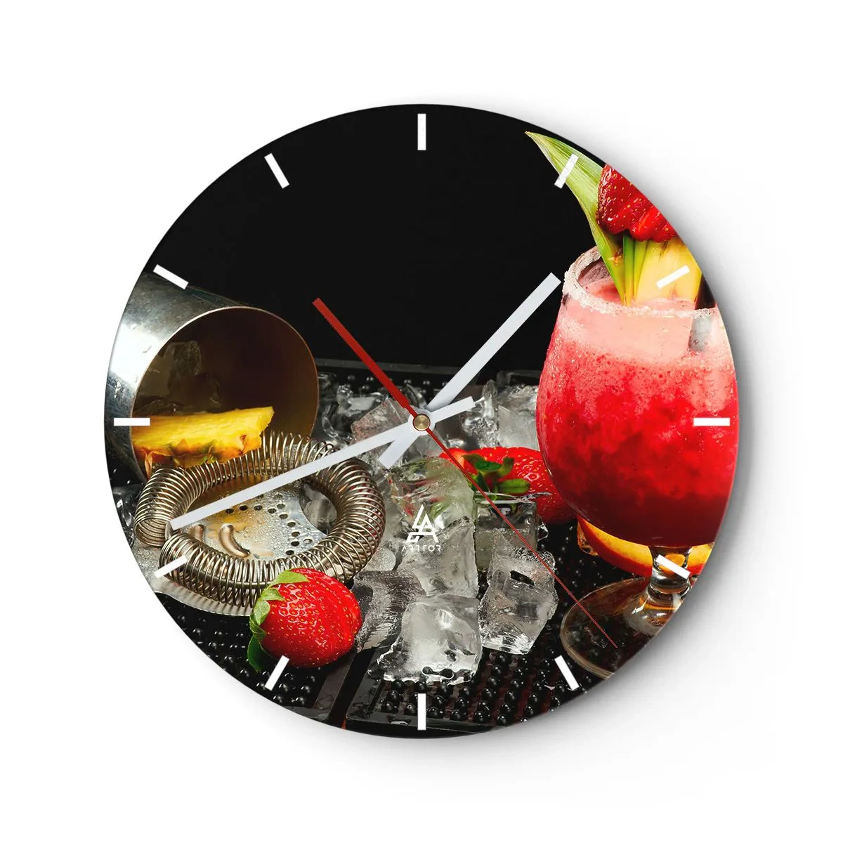Reloj de pared - Reloj de vidrio - Cóctel de fresa con aderezos y hielo picado. - 30x30cm - Conjurar el sabor - Decoración de pared moderna para salón, cocina y dormitorio ARTTOR