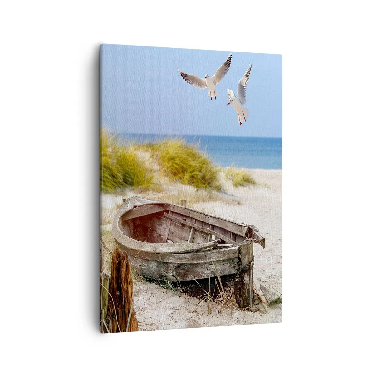 Cuadro sobre lienzo - Impresión de Imagen - Barco abandonado en una playa con gaviotas - 50x70cm - Bañada por el viento - Decoración de pared moderna para salón y dormitorio ARTTOR