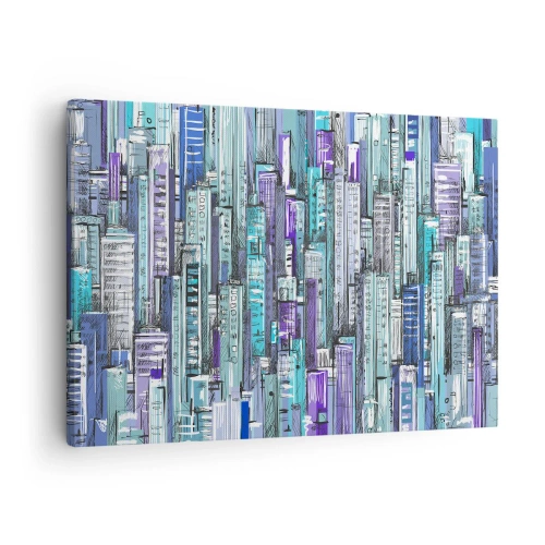 Cuadro sobre lienzo - Impresión de Imagen - Ilustración de una ciudad con edificios geométricos en tonos azules y morados. - 70x50cm - Azul del cielo - Decoración de pared moderna para salón y dormitorio ARTTOR