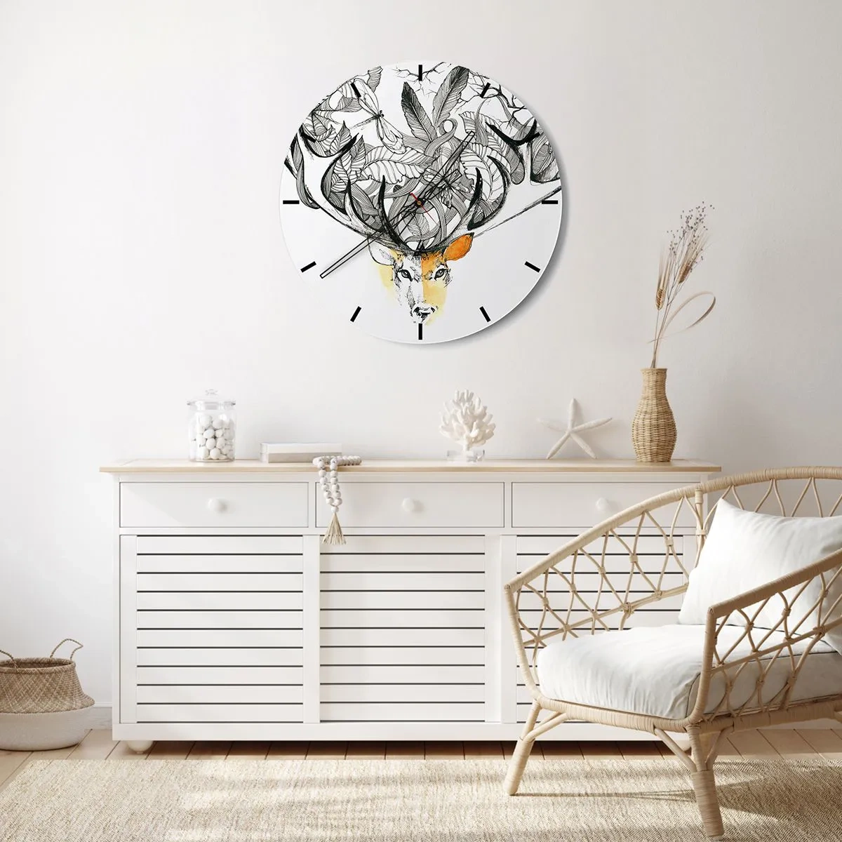 Reloj de pared - Reloj de vidrio - Dibujo artístico de un ciervo con astas extendidas y hojas. - 30x30cm - Cuernos de la abundancia - Decoración de pared moderna para salón, cocina y dormitorio ARTTOR