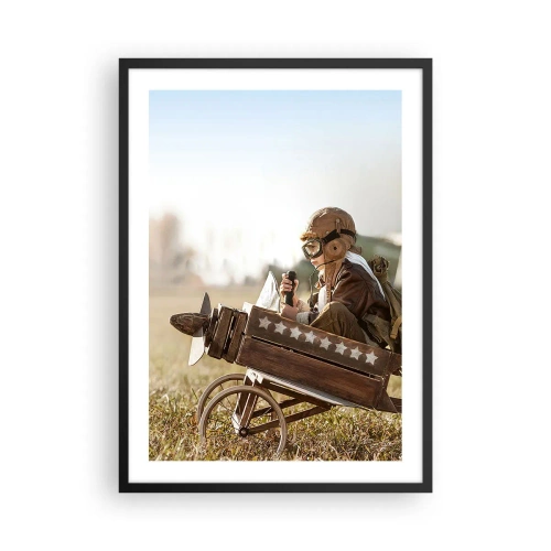Póster en marco negro - Un niño en un avión de madera con estrellas en el fondo. - 50x70cm - Despegue hacia un sueño - Decoración de pared moderna para salón y dormitorio ARTTOR