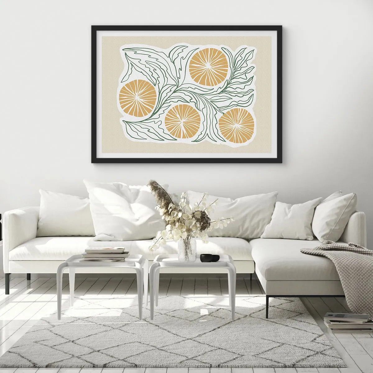 Póster en marco negro - Un motivo naranja minimalista con hojas verdes. - 70x50cm - Étnico con un toque de abstracción - Decoración de pared moderna para salón y dormitorio ARTTOR