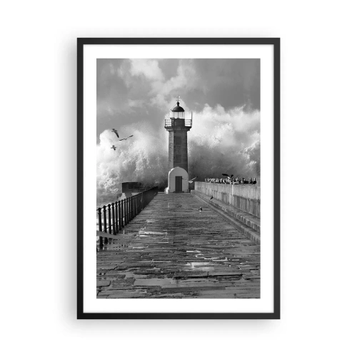 Póster en marco negro - Un faro blanco y negro rodeado de olas. - 50x70cm - Audaz - Decoración de pared moderna para salón y dormitorio ARTTOR