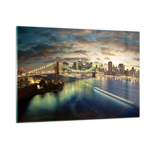 Cuadro sobre vidrio - Impresiones sobre Vidrio - Vista del puente y la ciudad al atardecer - 120x80cm - Un atardecer iluminado sobre Manhattan - Decoración de pared moderna para salón y dormitorio ARTTOR