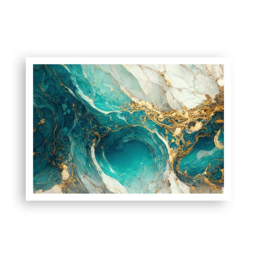 Póster - Una composición abstracta en tonos turquesa y dorado. - 100x70cm - Composición con vetas de oro - Decoración de pared moderna para salón y dormitorio ARTTOR