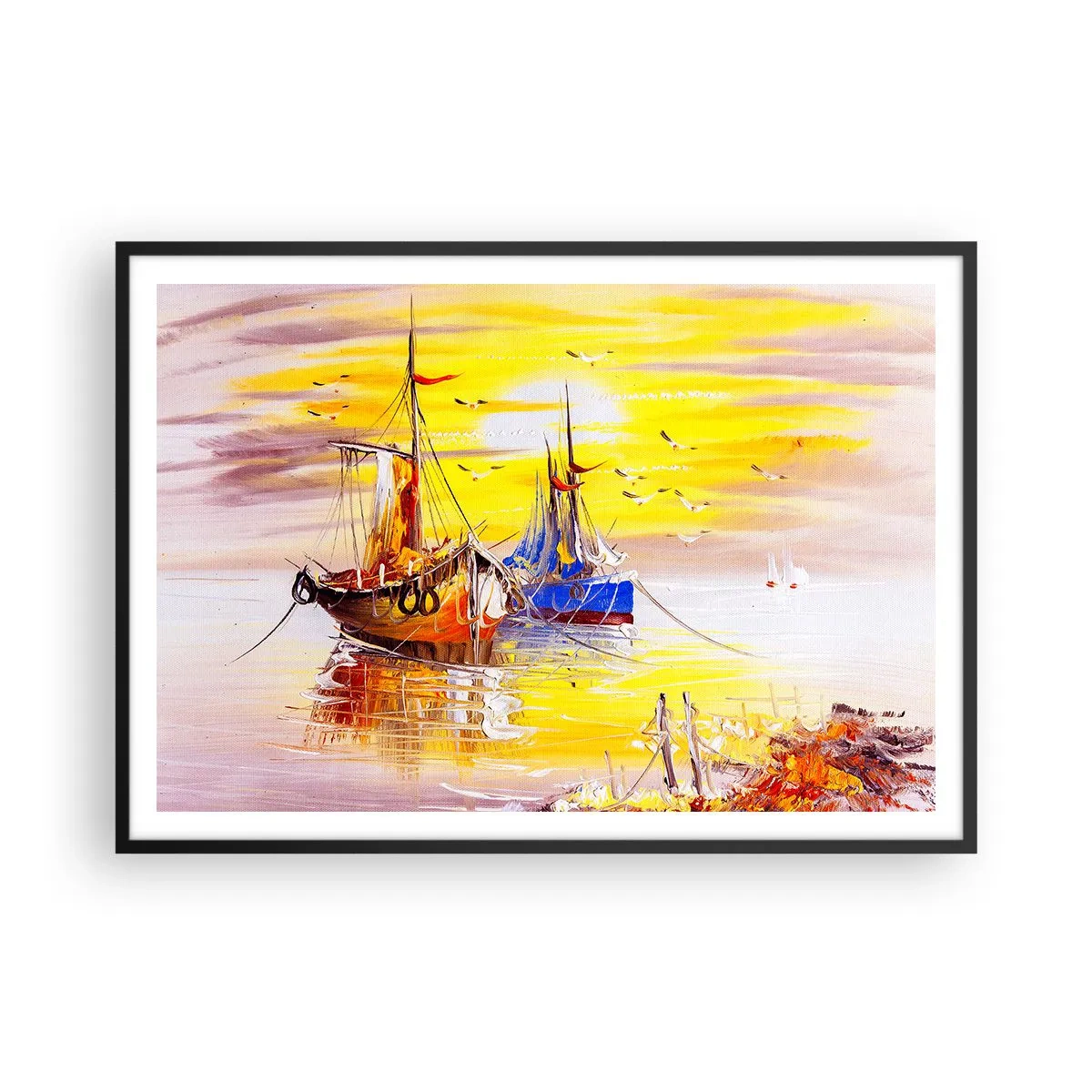 Póster en marco negro - Una escena pictórica de barcos en un mar en calma. - 100x70cm - Un merecido descanso en el puerto - Decoración de pared moderna para salón y dormitorio ARTTOR