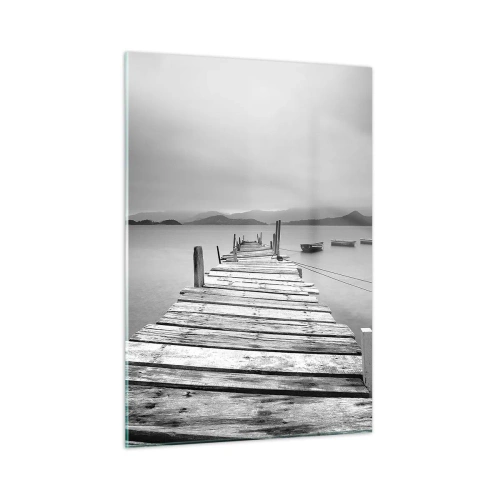 Cuadro sobre vidrio - Impresiones sobre Vidrio - Muelle de madera sobre un lago tranquilo en blanco y negro - 50x70cm - Más allá de las montañas, más allá de los mares - Decoración de pared moderna para salón y dormitorio ARTTOR