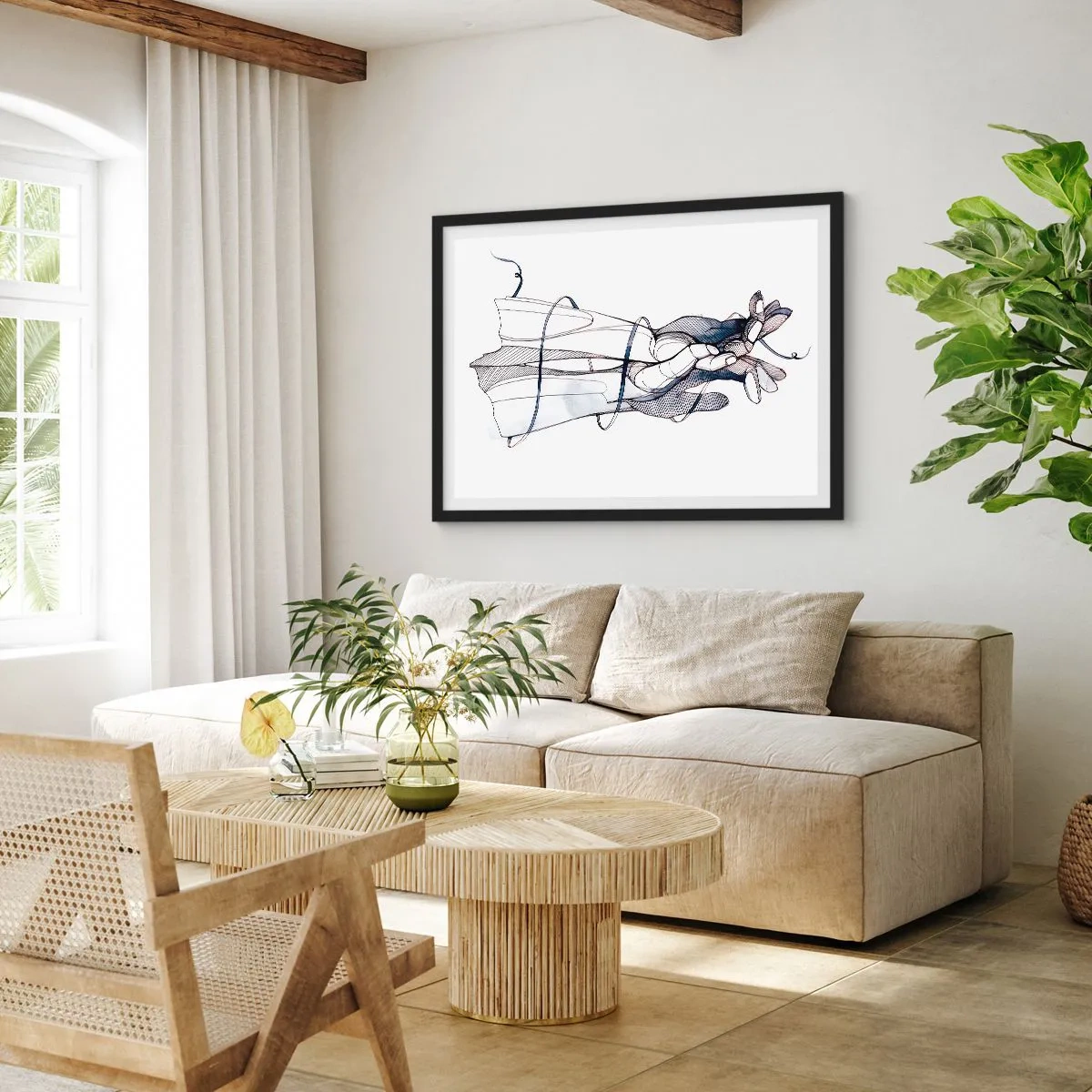 Póster en marco negro - Un dibujo sutil de una mano con una delicada flor. - 70x50cm - Un estudio sobre el contacto - Decoración de pared moderna para salón y dormitorio ARTTOR