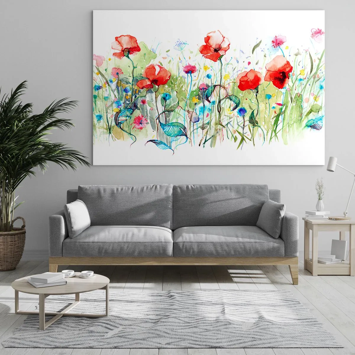 Cuadro sobre vidrio - Impresiones sobre Vidrio - Amapolas coloridas y flores silvestres en estilo acuarela. - 100x70cm - Un prado en flor en mayo - Decoración de pared moderna para salón y dormitorio ARTTOR