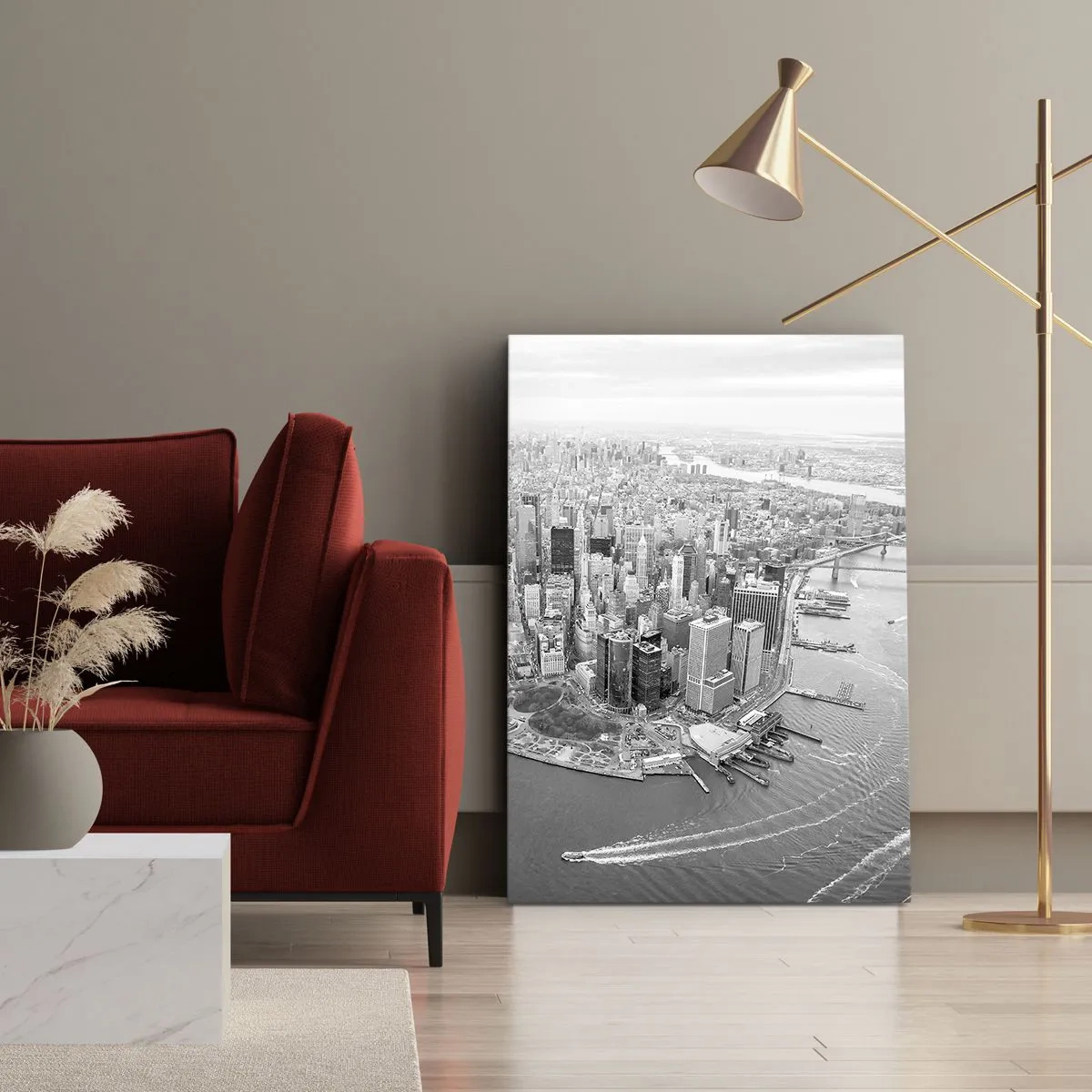 Cuadro sobre lienzo - Impresión de Imagen - Vista aérea de Manhattan en blanco y negro - 50x70cm - ¿Cómo no amar este lugar? - Decoración de pared moderna para salón y dormitorio ARTTOR