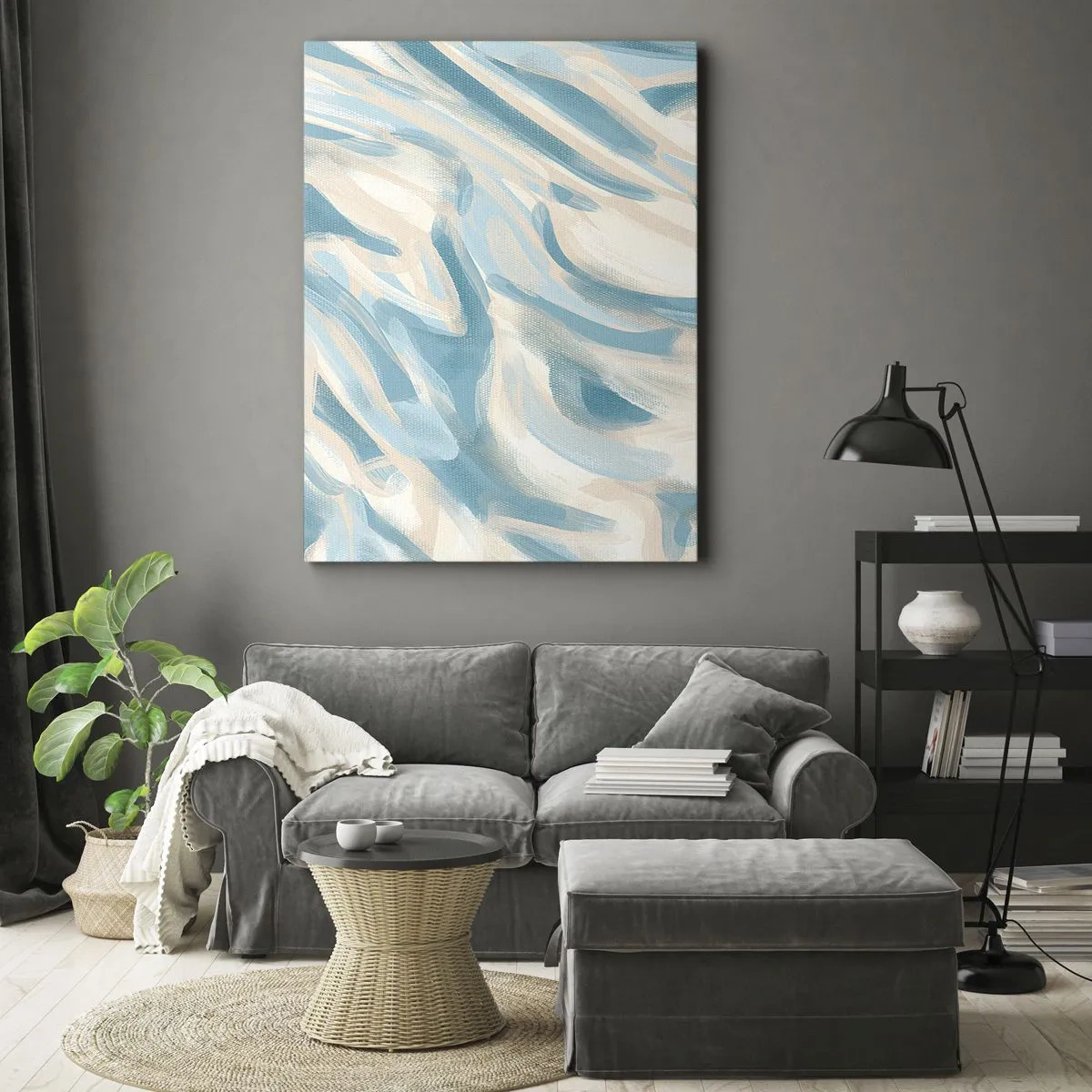Cuadro sobre lienzo - Impresión de Imagen - Rayas azules abstractas sobre un fondo claro - 50x70cm - Brisas primaverales - Decoración de pared moderna para salón y dormitorio ARTTOR