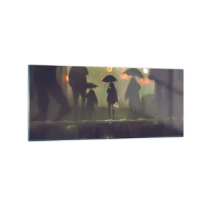 Cuadro sobre vidrio - Impresiones sobre Vidrio - Una figura con un paraguas en una tarde lluviosa entre las luces de la ciudad. - 120x50cm - Desde la perspectiva de una gota de lluvia - Decoración de pared moderna para salón y dormitorio ARTTOR