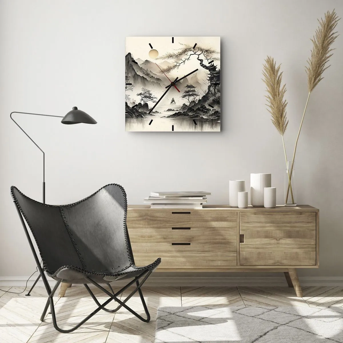Reloj de pared - Reloj de vidrio - Un paisaje oriental con montañas y una pagoda en tonos delicados. - 30x30cm - El encanto único de Oriente - Decoración de pared moderna para salón y dormitorio ARTTOR