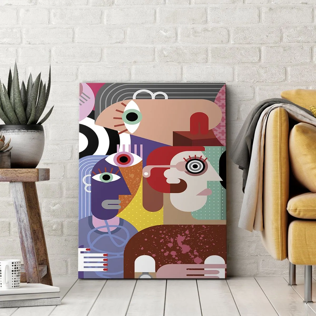 Cuadro sobre lienzo - Impresión de Imagen - Abstracción colorida con caras geométricas. - 50x70cm - Estilo Picasso - Decoración de pared moderna para salón y dormitorio ARTTOR
