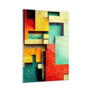 Cuadro sobre vidrio - Impresiones sobre Vidrio - Abstracción geométrica colorida hecha de rectángulos. - 50x70cm - Festival de ángulos rectos - Decoración de pared moderna para salón y dormitorio ARTTOR