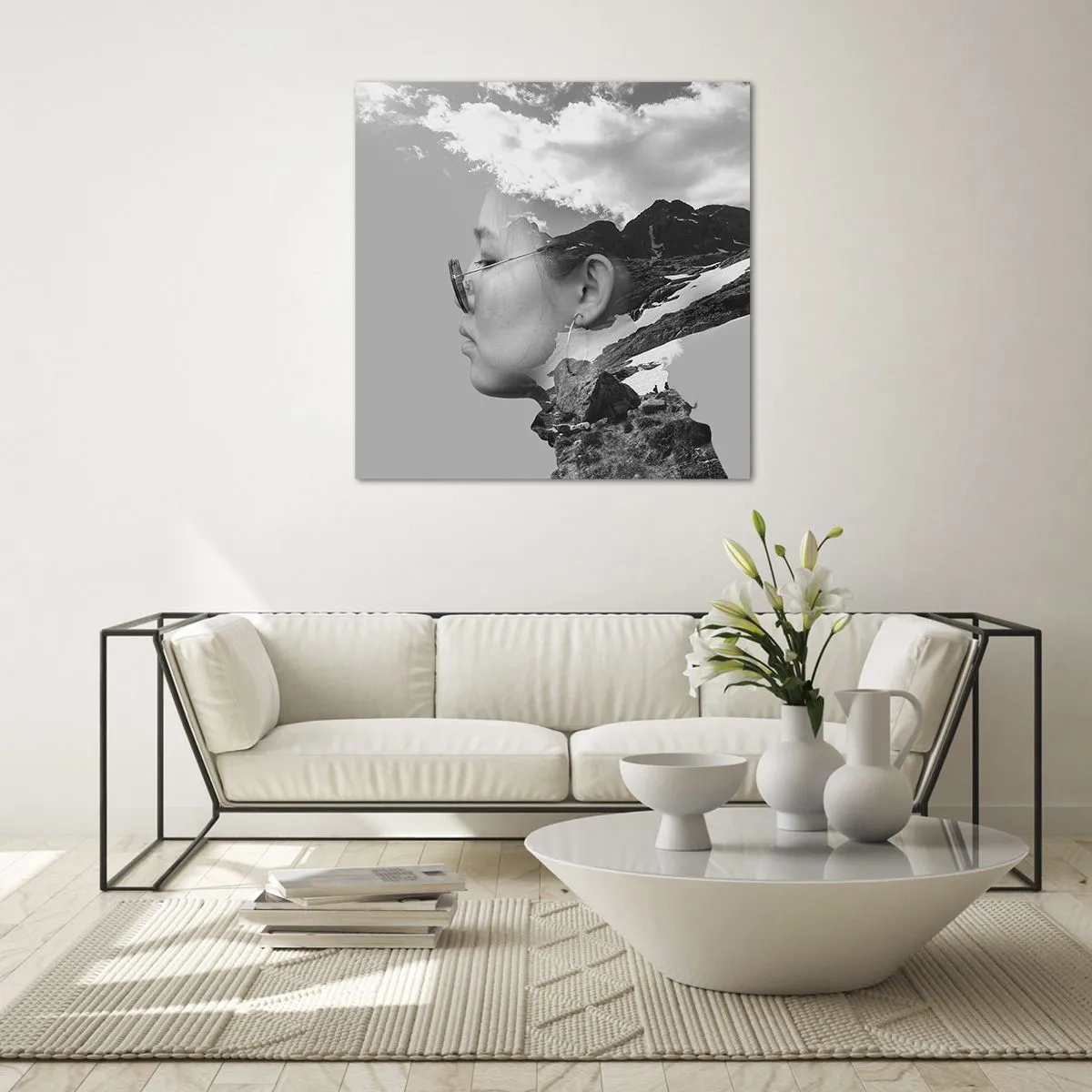 Cuadro sobre vidrio - Impresiones sobre Vidrio - Retrato sobre montañas y nubes - 40x40 cm
