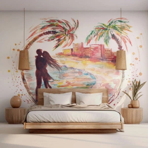 Fotomural Premium Sand - Pareja romántica en la playa en estilo acuarela - 100x70cm - Unas vacaciones románticas - Decoración de pared moderna para salón y dormitorio ARTTOR