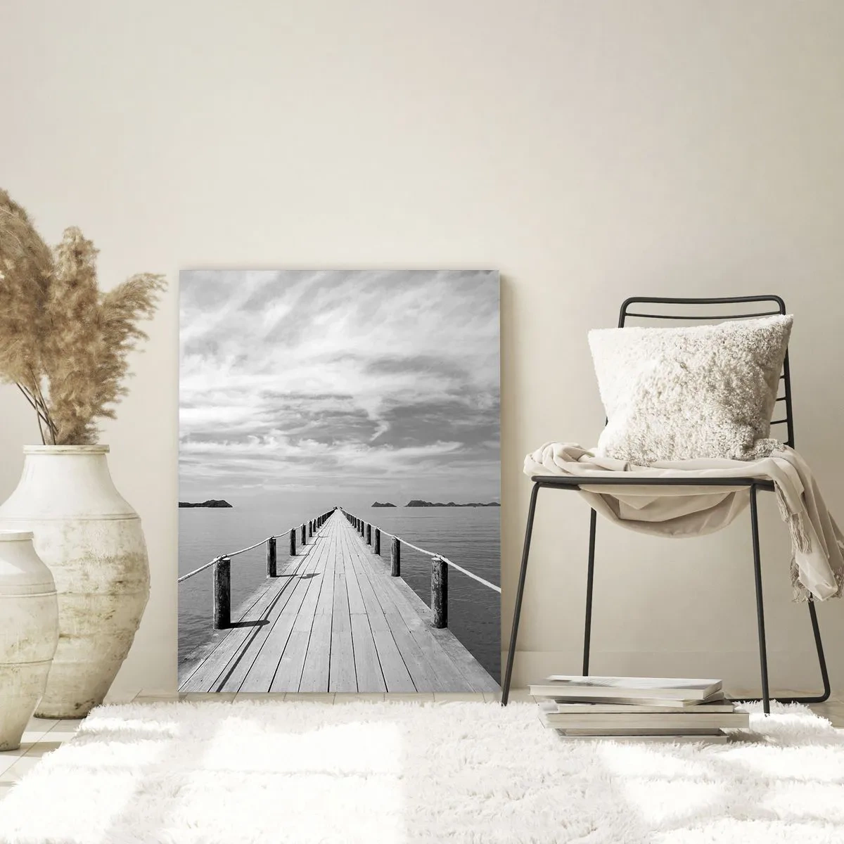 Cuadro sobre vidrio - Impresiones sobre Vidrio - Un muelle de madera que se pierde en la distancia sobre un mar en calma. - 70x100cm - Hora de viajar - Decoración de pared moderna para salón y dormitorio ARTTOR