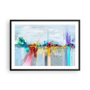 Póster en marco negro - Paisaje abstracto con acentos coloridos. - 70x50cm - Un puente de alegría sobre el río de la vida - Decoración de pared moderna para salón y dormitorio ARTTOR