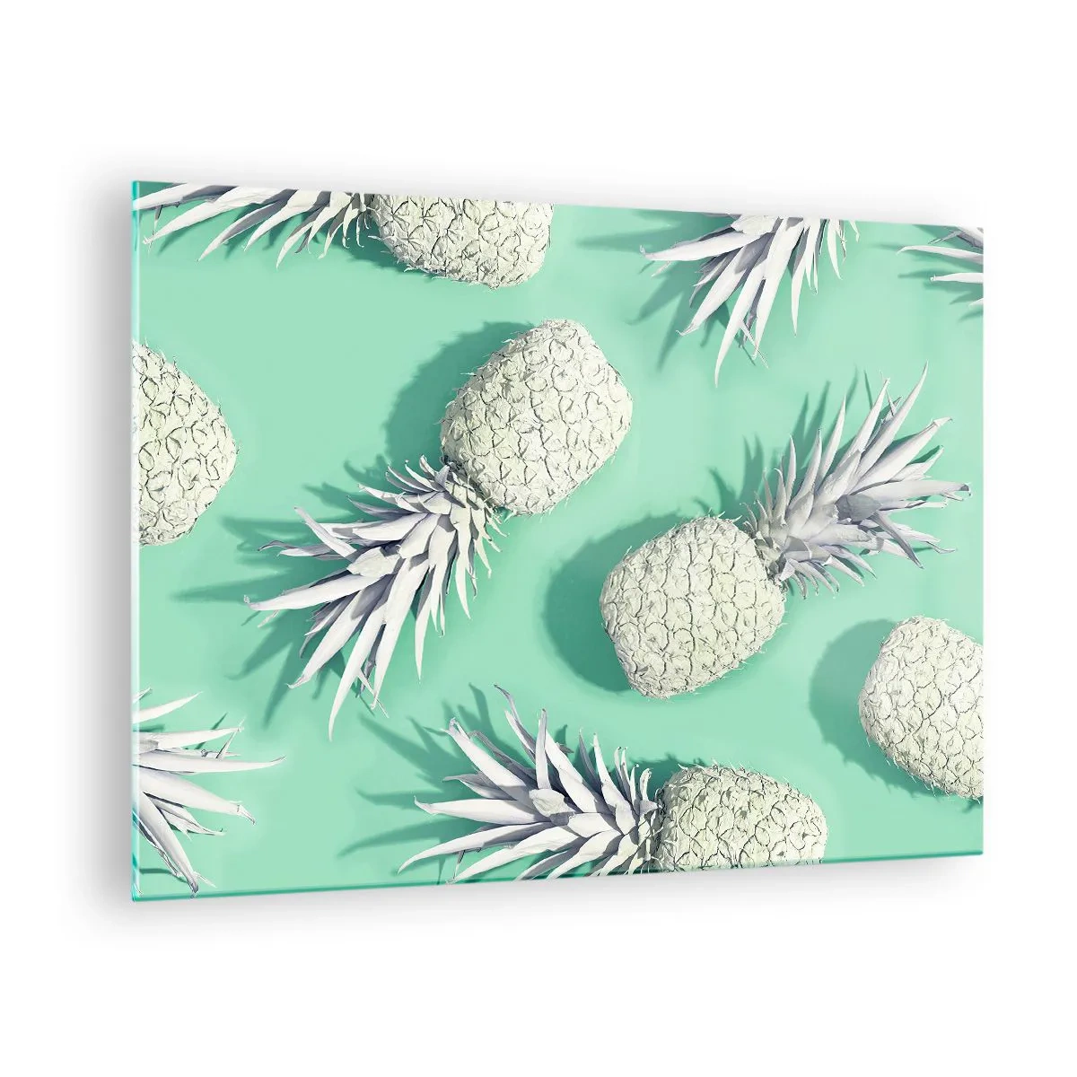 Cuadro sobre vidrio - Impresiones sobre Vidrio - Piñas blancas sobre un fondo de menta en una composición artística. - 70x50cm - Van bien con la menta - Decoración de pared moderna para salón y dormitorio ARTTOR