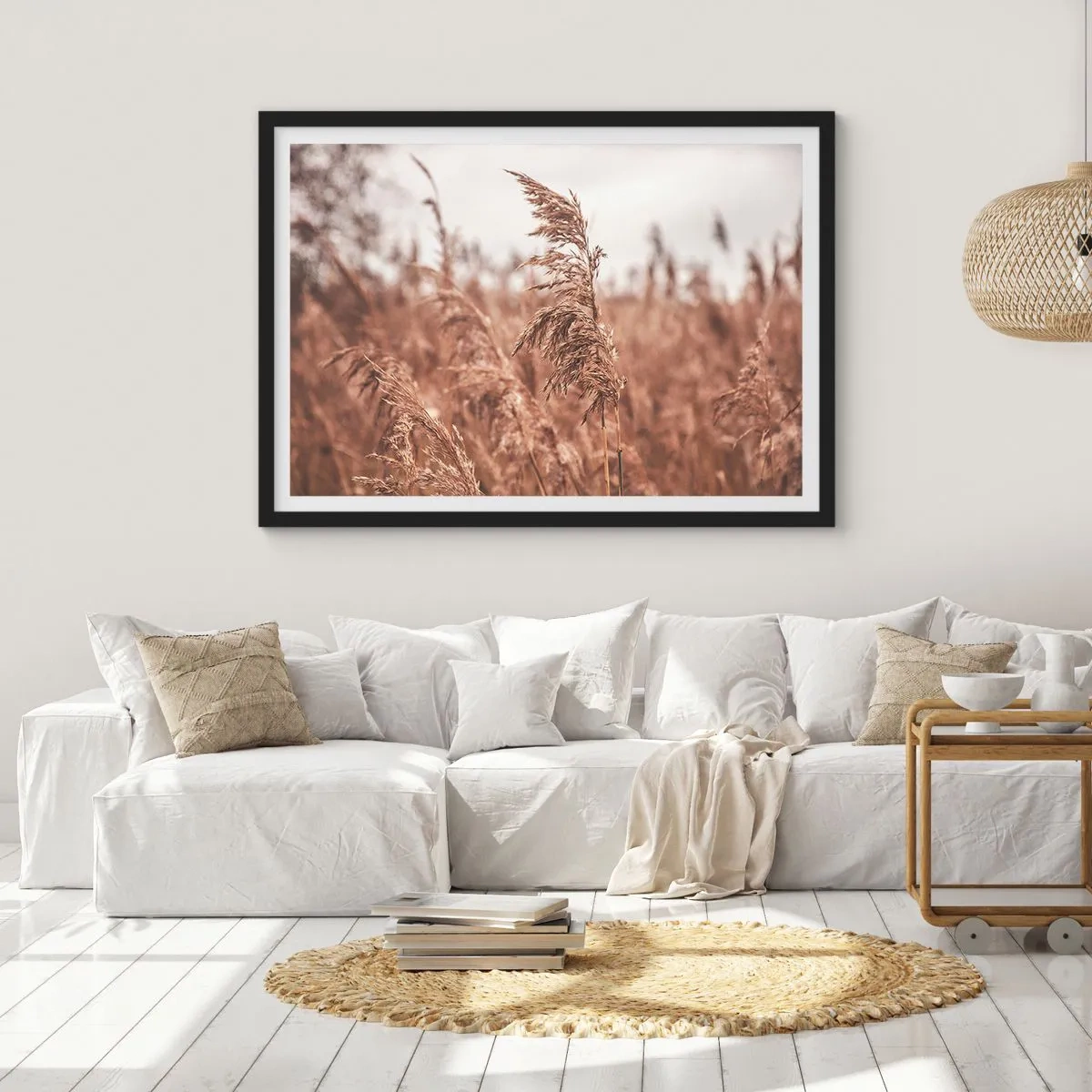 Póster en marco negro - Hierbas doradas con el paisaje otoñal como telón de fondo - 70x50cm - El otoño ya está en los campos - Decoración de pared moderna para salón y dormitorio ARTTOR