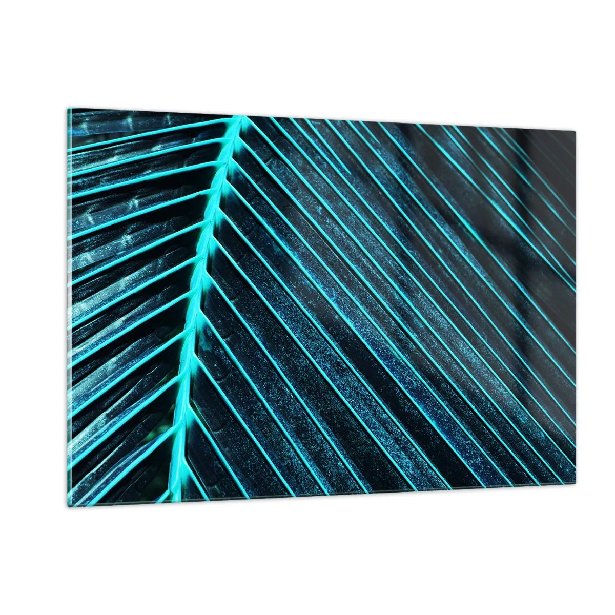 Cuadro sobre vidrio - Impresiones sobre Vidrio - Fotografía macro de una hoja de palma en tonos turquesa. - 120x80cm - La textura del verde - Decoración de pared moderna para salón y dormitorio ARTTOR