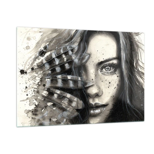 Cuadro sobre vidrio - Impresiones sobre Vidrio - Retrato de una mujer con plumas y detalles abstractos. - 120x80cm - Belleza salvaje - Decoración de pared moderna para salón y dormitorio ARTTOR