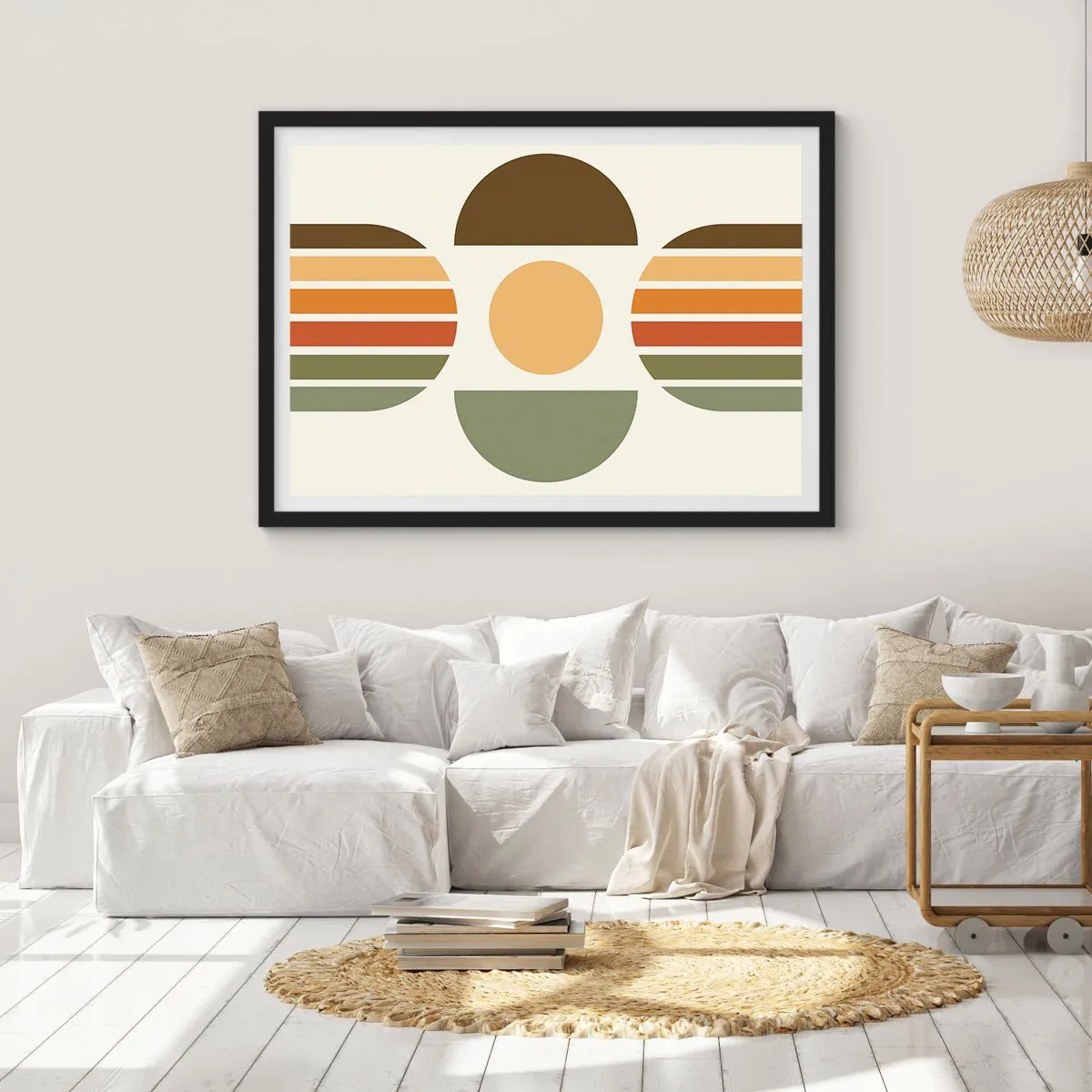 Póster en marco negro - Composición geométrica con semicírculos y rayas en tonos tierra. - 70x50cm - Los tonos de la tierra - Decoración de pared moderna para salón y dormitorio ARTTOR