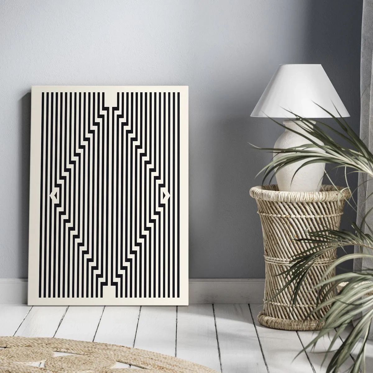 Cuadro sobre lienzo - Impresión de Imagen - Líneas blancas y negras que crean un efecto de ilusión geométrica. - 50x70cm - Ilusión geométrica - Decoración de pared moderna para salón y dormitorio ARTTOR