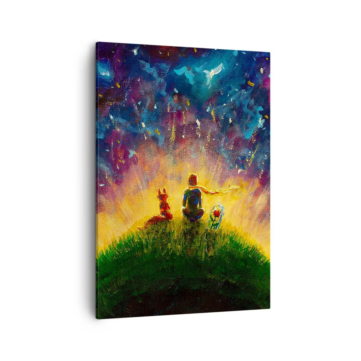 Cuadro sobre lienzo - Impresión de Imagen - Figuras en una colina verde rodeada de un cielo estrellado. - 50x70cm - Amor y amistad - lo único entero - Decoración de pared moderna para salón y dormitorio ARTTOR