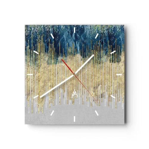 Reloj de pared - Reloj de vidrio - Líneas doradas sobre un fondo de abstracción azul marino y gris. - 30x30cm - Frontera de líneas doradas - Decoración de pared moderna para salón y dormitorio ARTTOR