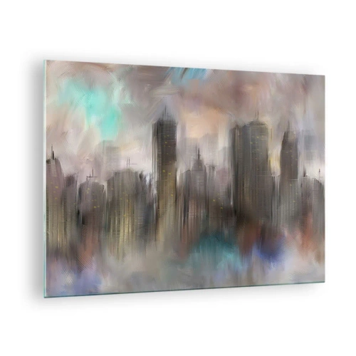 Cuadro sobre vidrio - Impresiones sobre Vidrio - Imagen abstracta de una ciudad con rascacielos. - 70x50cm - Una composición de acero, piedra y niebla - Decoración de pared moderna para salón y dormitorio ARTTOR
