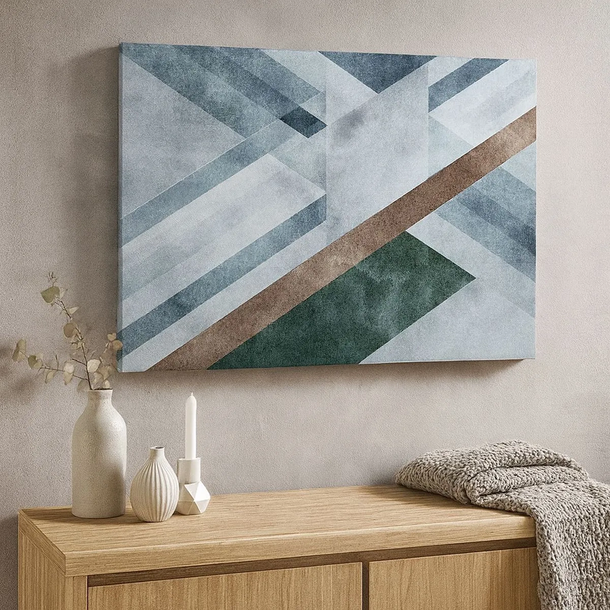 Cuadro sobre lienzo - Impresión de Imagen - Formas geométricas en tonos fríos de azul y marrón. - 70x50cm - Sofisticada elegancia de la geometría - Decoración de pared moderna para salón y dormitorio ARTTOR