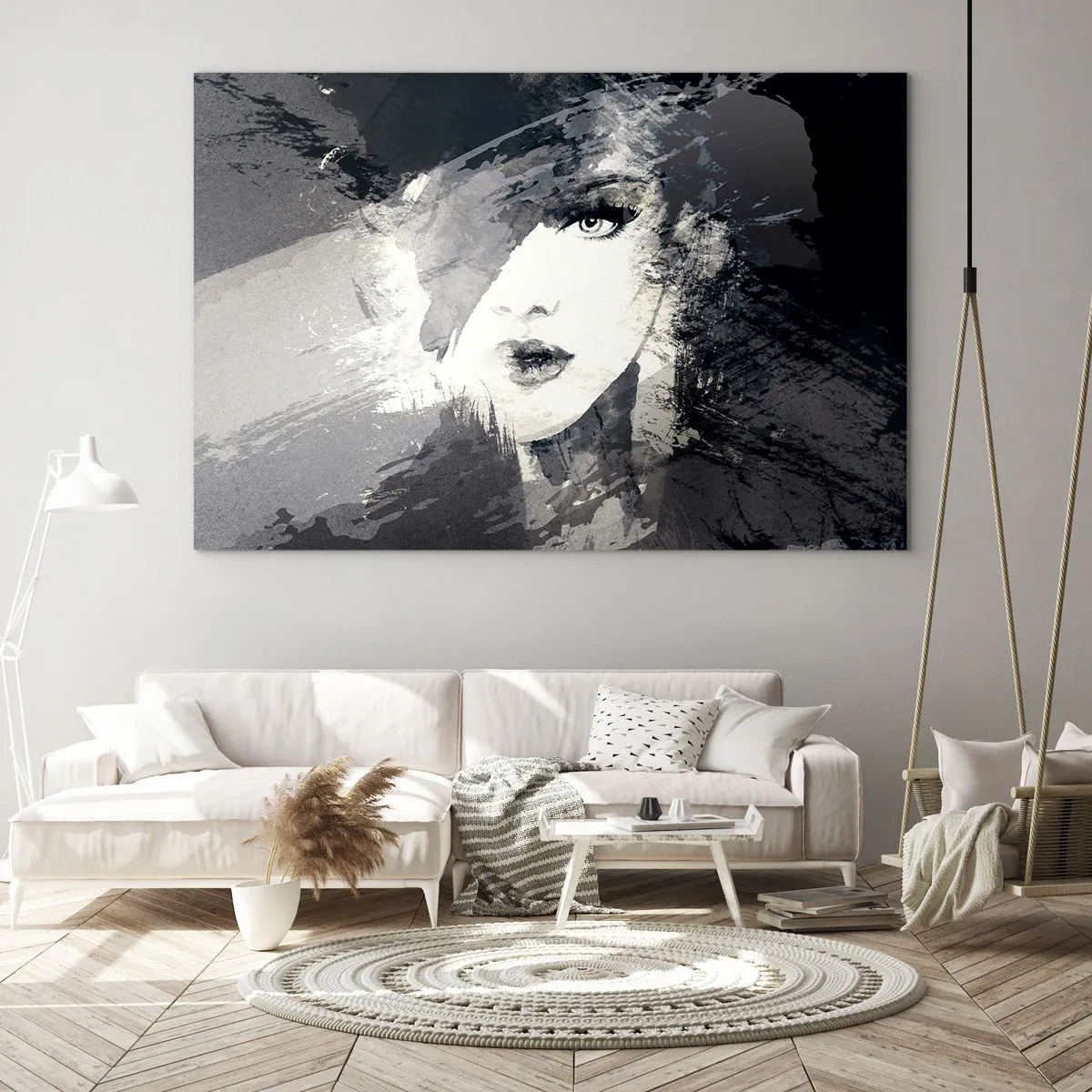 Cuadro sobre vidrio - Impresiones sobre Vidrio - El rostro de una mujer está parcialmente cubierto de manchas grises abstractas. - 120x80cm - Tras un velo gris - Decoración de pared moderna para salón y dormitorio ARTTOR