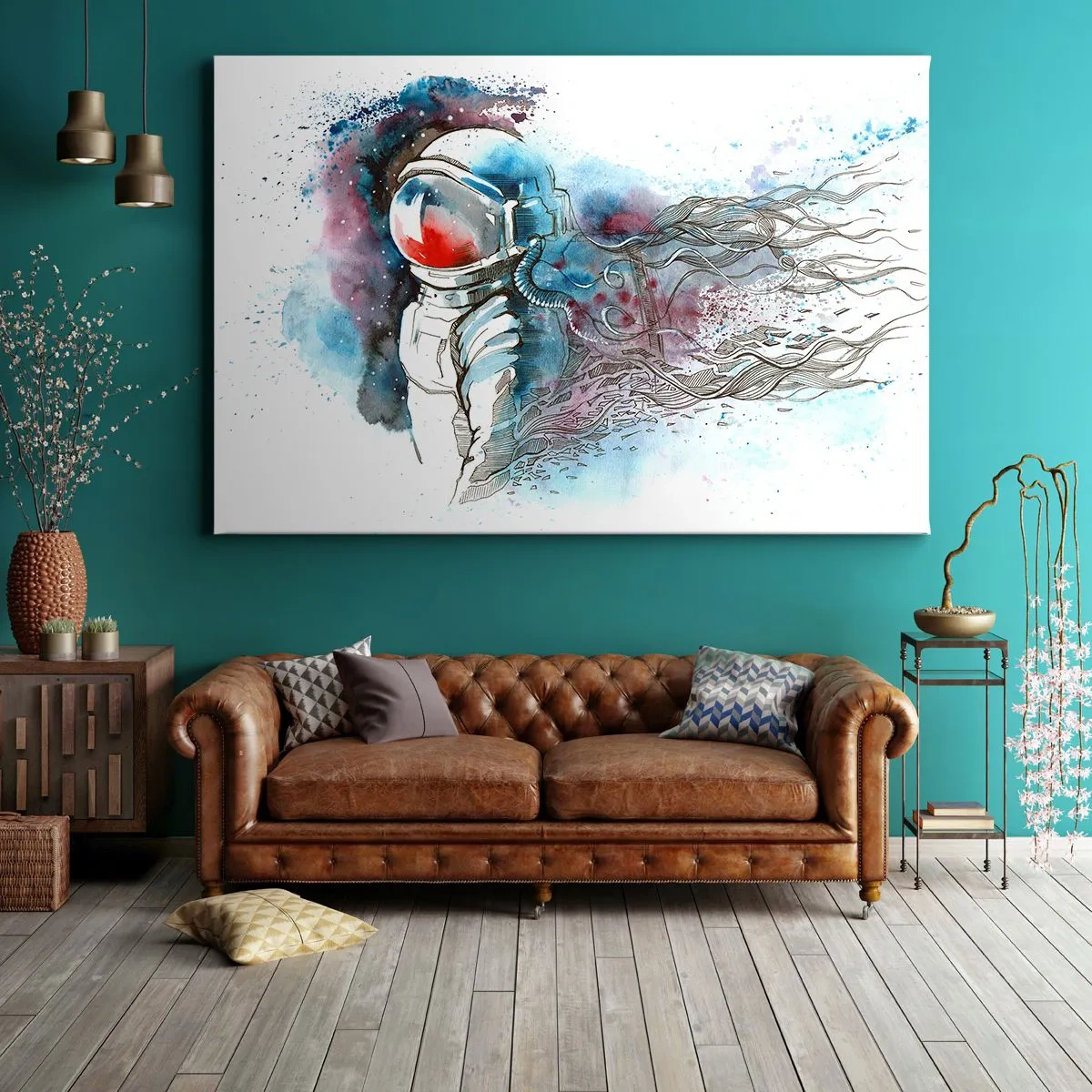Cuadro sobre lienzo - Impresión de Imagen - Un cosmonauta en una acuarela dinámica con detalles cósmicos. - 70x50cm - A solas con el cosmos - Decoración de pared moderna para salón y dormitorio ARTTOR