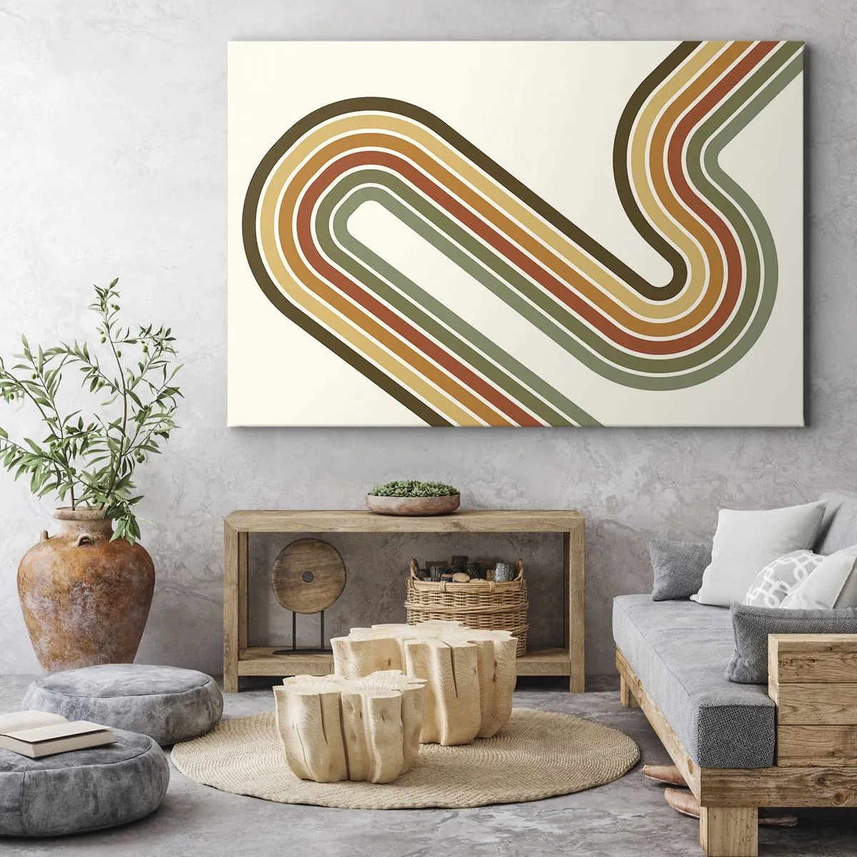 Cuadro sobre lienzo - Impresión de Imagen - Patrón geométrico en tonos verde, naranja y beige sobre un fondo claro. - 120x80cm - Zigzagueando hasta su destino - Decoración de pared moderna para salón y dormitorio ARTTOR