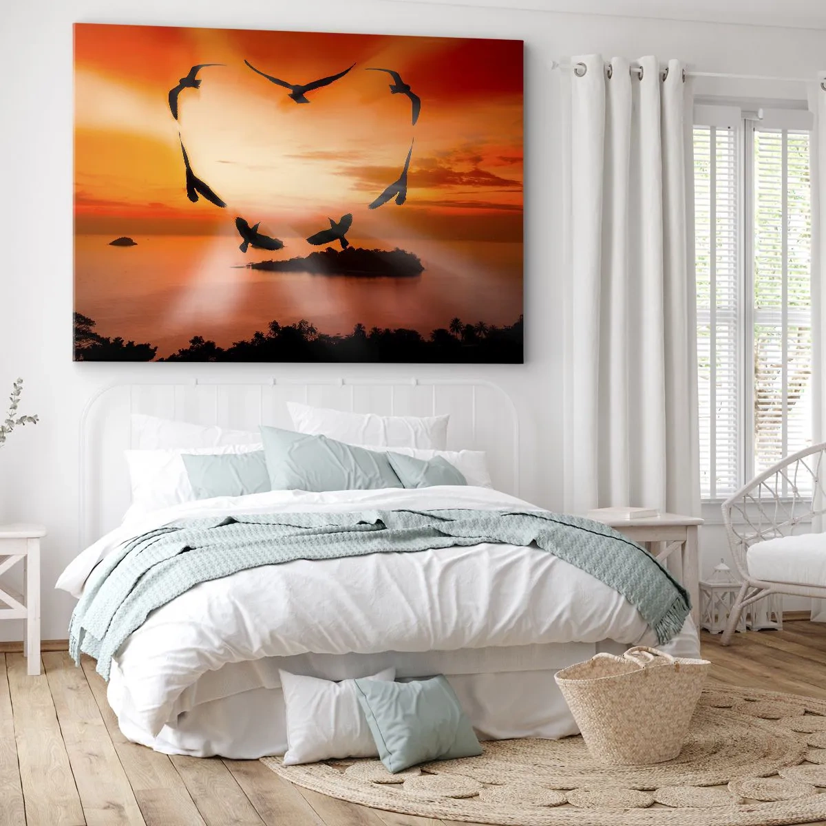 Cuadro sobre lienzo - Impresión de Imagen - Pájaros formando un corazón con el sol poniente como telón de fondo. - 70x50cm - Ama el mundo como los pájaros - Decoración de pared moderna para salón y dormitorio ARTTOR