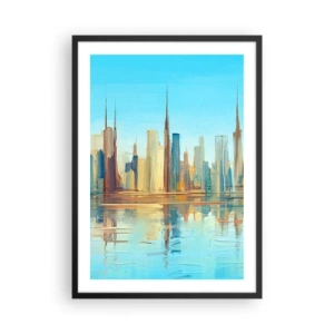 Póster en marco negro - Panorama colorido de la ciudad con reflejo en el agua - 50x70cm - Metrópolis soleada - Decoración de pared moderna para salón y dormitorio ARTTOR