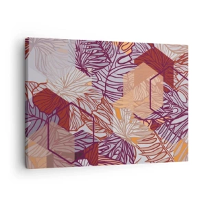 Cuadro sobre lienzo - Impresión de Imagen - Un patrón decorativo de hojas tropicales en tonos morado, naranja y beige. - 70x50cm - La unión imposible de la geometría y la naturaleza - Decoración de pared moderna para salón y dormitorio ARTTOR