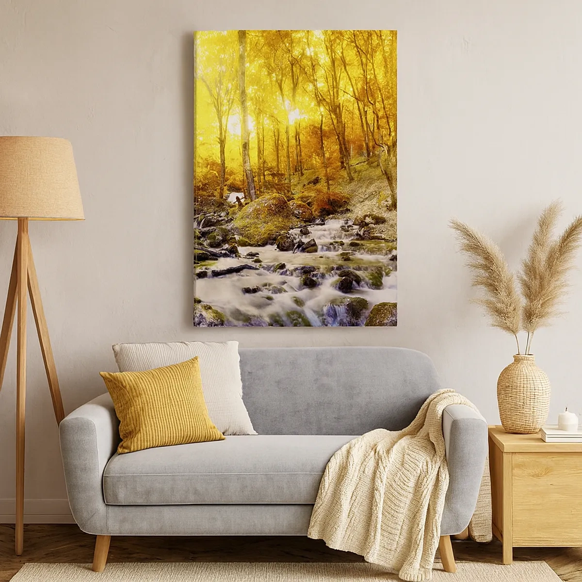 Cuadro sobre lienzo - Impresión de Imagen - Bosque otoñal con un arroyo entre hojas doradas - 50x70cm - Piedras bañadas en oro y platino - Decoración de pared moderna para salón y dormitorio ARTTOR