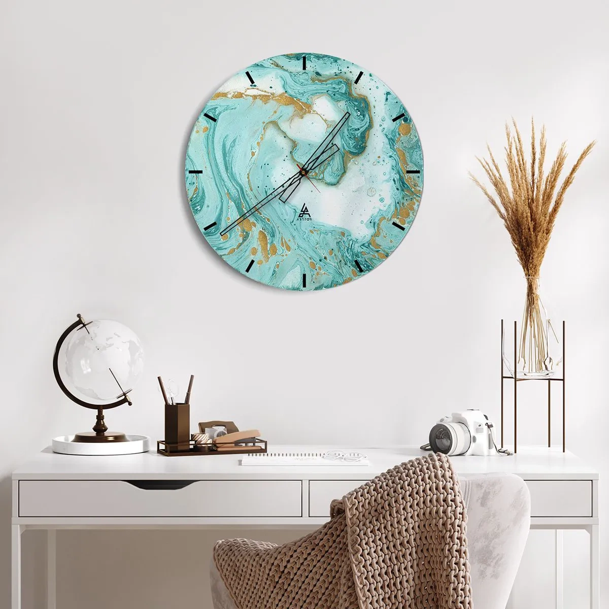 Reloj de pared - Reloj de vidrio - Patrón abstracto en tonos turquesa - 30x30cm - Bajo la gran ola del periodo Edo - Decoración de pared moderna para salón, cocina y dormitorio ARTTOR