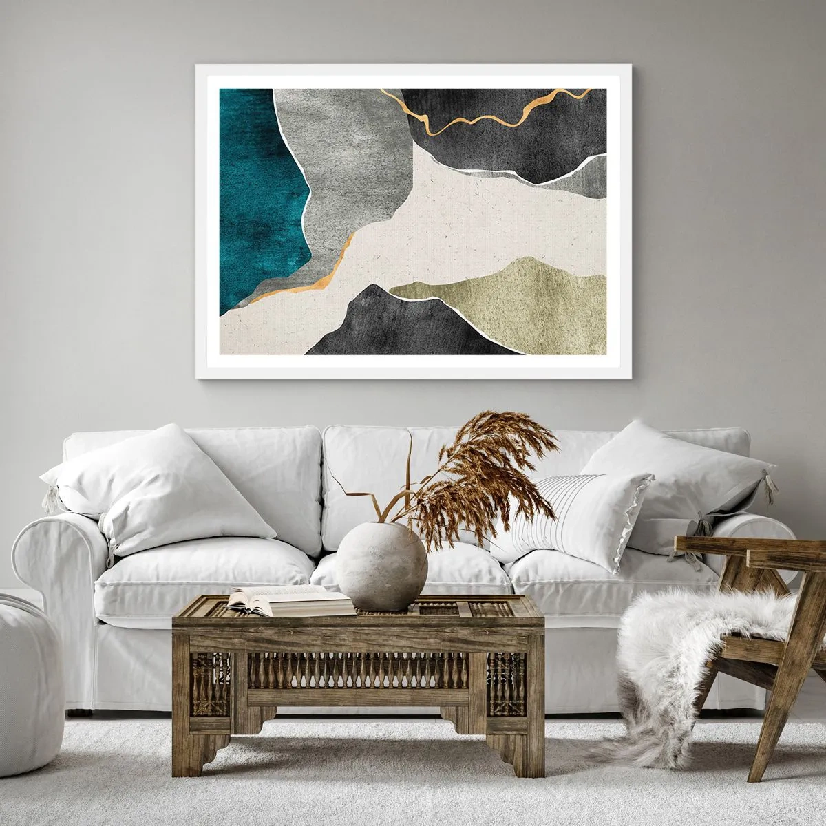 Póster en marco blanco - Composición en mosaico con una hebra de oro - 30x30 cm
