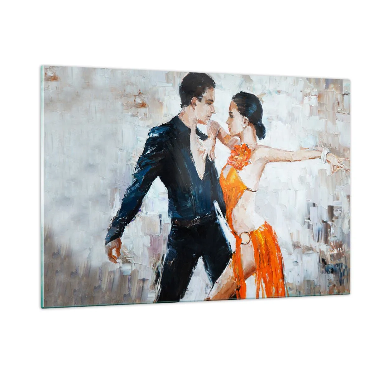 Cuadro sobre vidrio - Impresiones sobre Vidrio - Una pareja bailando en una pose dinámica frente a un fondo de estilo impresionista. - 120x80cm - Dirty dancing - Decoración de pared moderna para salón y dormitorio ARTTOR