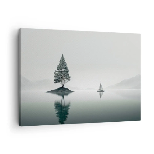 Cuadro sobre lienzo - Impresión de Imagen - Un paisaje minimalista con un árbol en una isla y un velero. - 70x50cm - Un sueño hecho realidad - Decoración de pared moderna para salón y dormitorio ARTTOR